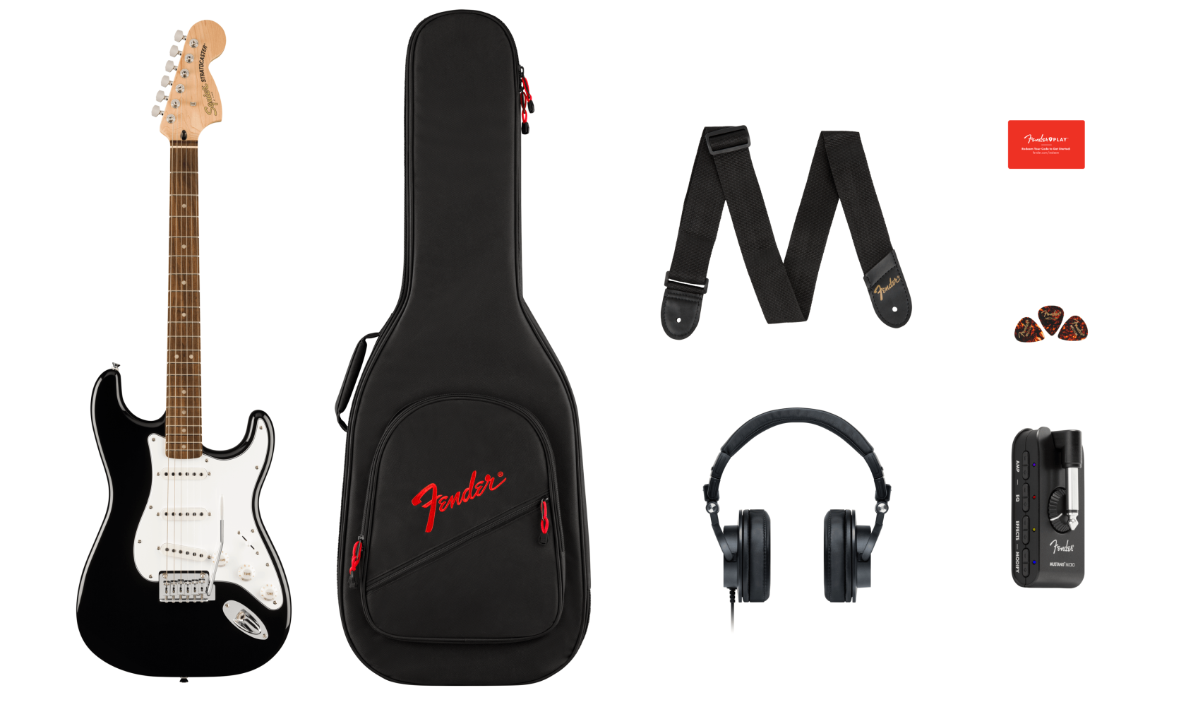 Klundertmusic Squier Affinity Stratocaster Black & Mustang Micro Starterpack aanbieding