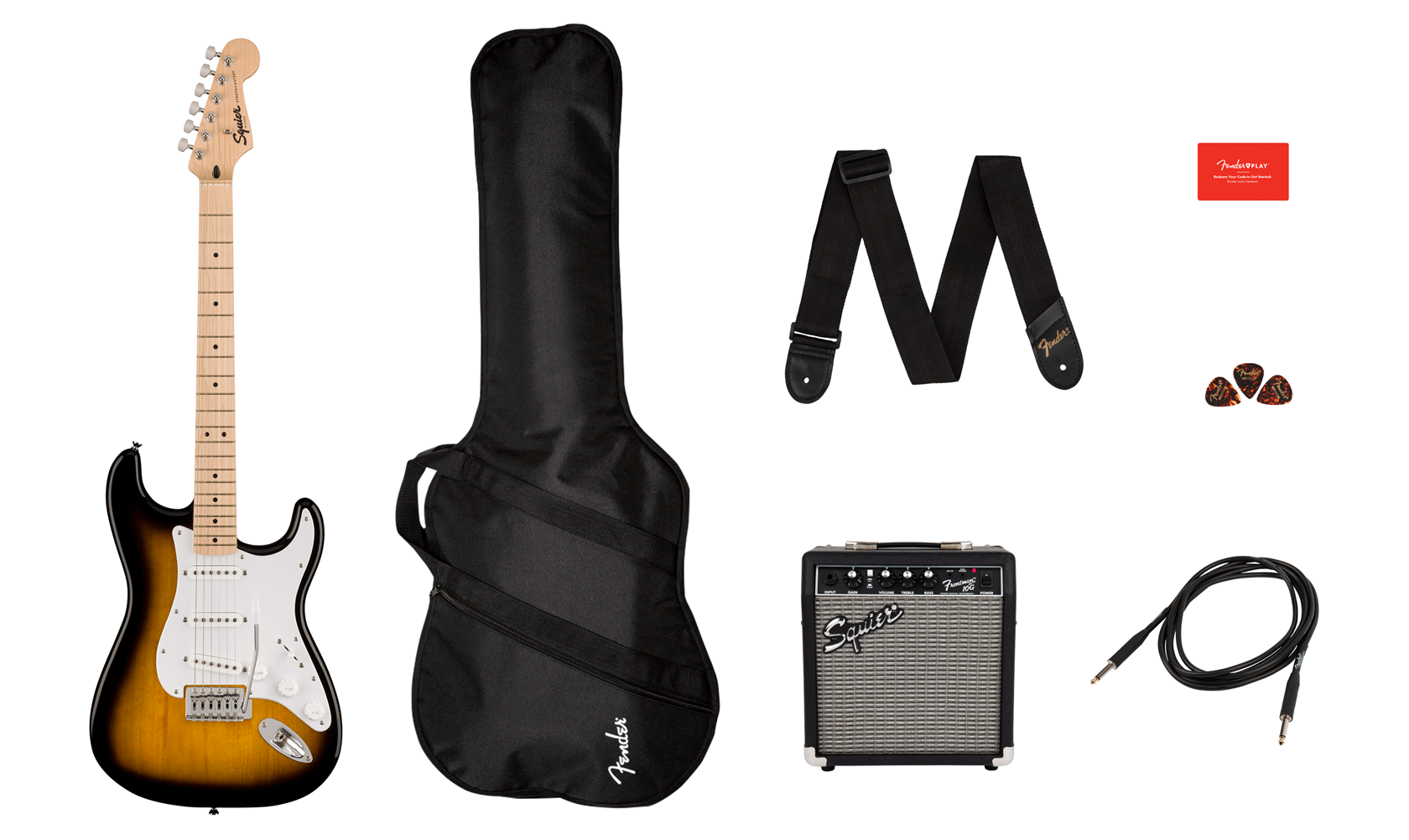 Klundertmusic Squier Sonic Stratocaster 2-Color Sunburst Starterpack aanbieding