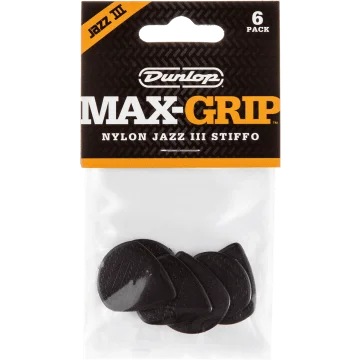 Dunlop Max Grip Nylon Jazz III Stiffo Plectrum 6-Pack zwart