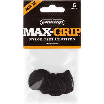 Dunlop Max Grip Nylon Jazz III Stiffo Plectrum 6-Pack zwart