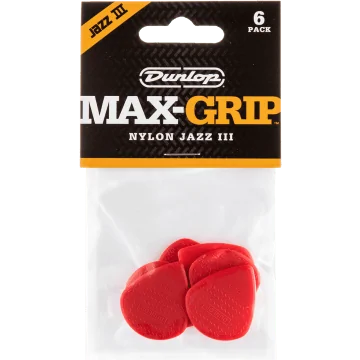 Dunlop Max Grip Nylon Jazz III Plectrum 6-Pack rood