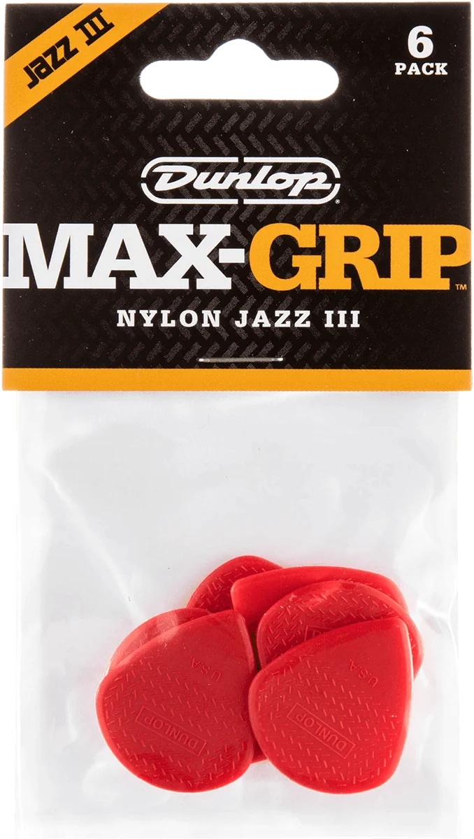 Dunlop Max Grip Nylon Jazz III Plectrum 6-Pack rood